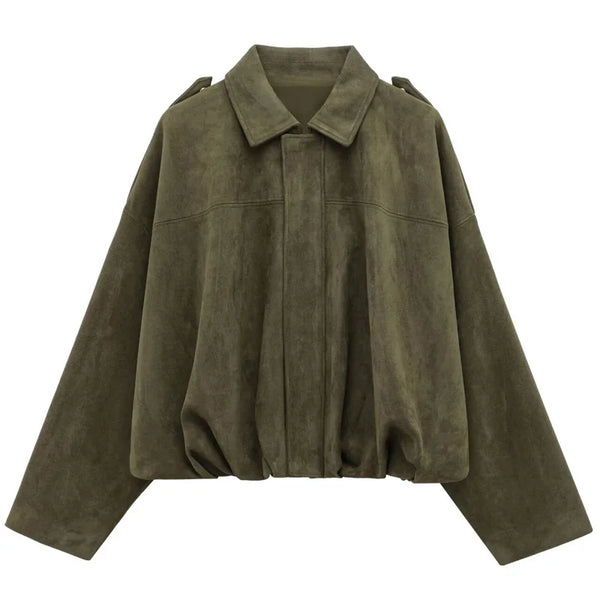 HXAO Women's Bomber Jacket Lapel Long Sleeve Zipper Suede Jacket Women 2025 High Street Cropped Racing Jackets Coats Outerwears